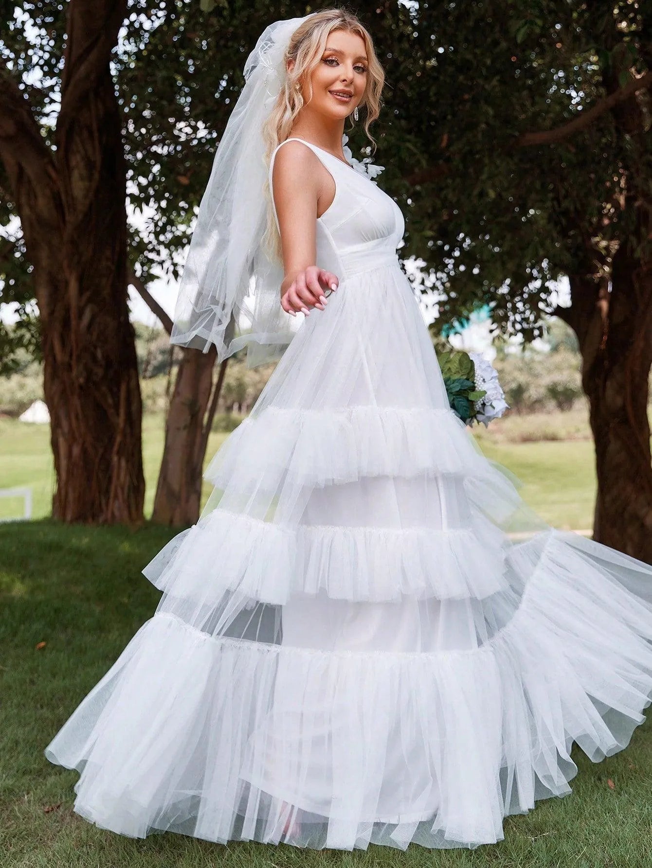 Plunging Neck Layer Ruffle Hem Mesh Wedding Dress - Elonnashop