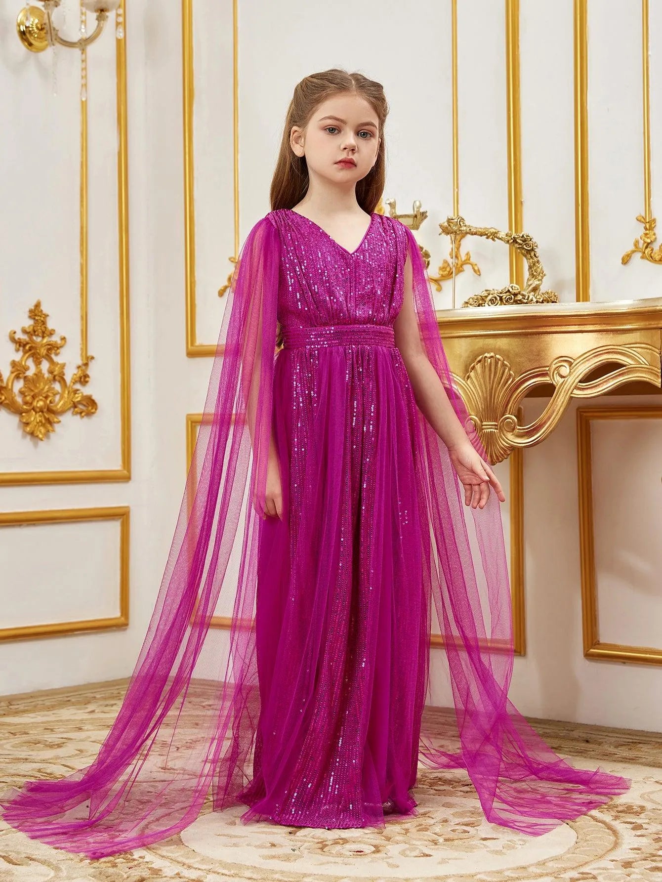 Tween Girls' Contrast Mesh Cape Sleeves Sequin Party Dress - Elonnashop