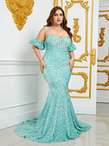 Plus Off Shoulder Puff Sleeves Mermaid Sequin Prom Dress - Elonnashop