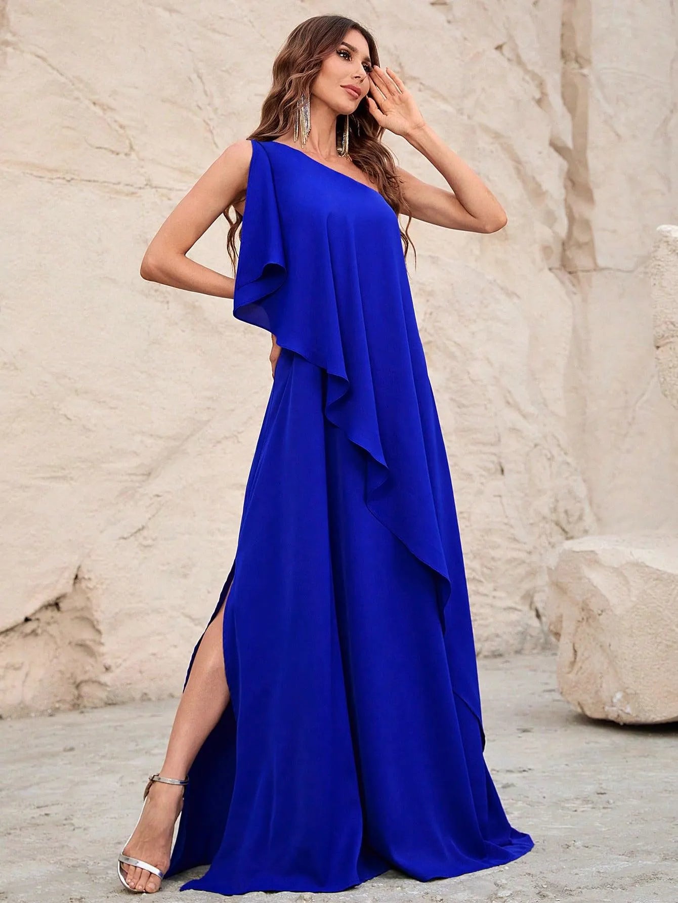 One Shoulder Sleeveless Ruffle Trim Chiffon Dress - Elonnashop