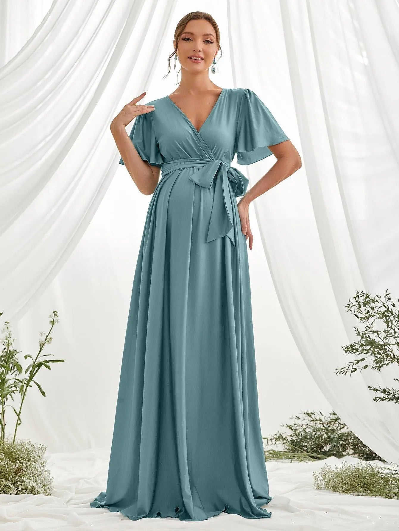 Maternity Surplice Neck Butterfly Sleeve Belted Dress - Elonnashop