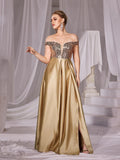 Off Shoulder Contrast Sequin Satin Prom Dress - Elonnashop