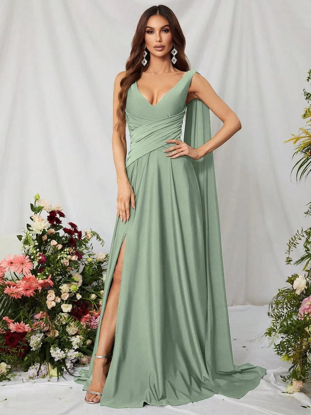 Elegant V Neck Sleeveless A Line Slit Dresses - Elonnashop