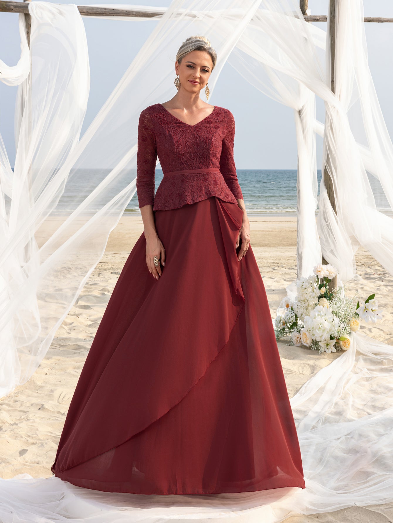 Womens' Elegant Mother-of-the-Bride Gown: Lace V-Neck with Chiffon Skirt & Three-Quarter Sleeves – Elegant Formal Dress for Beach Weddings
