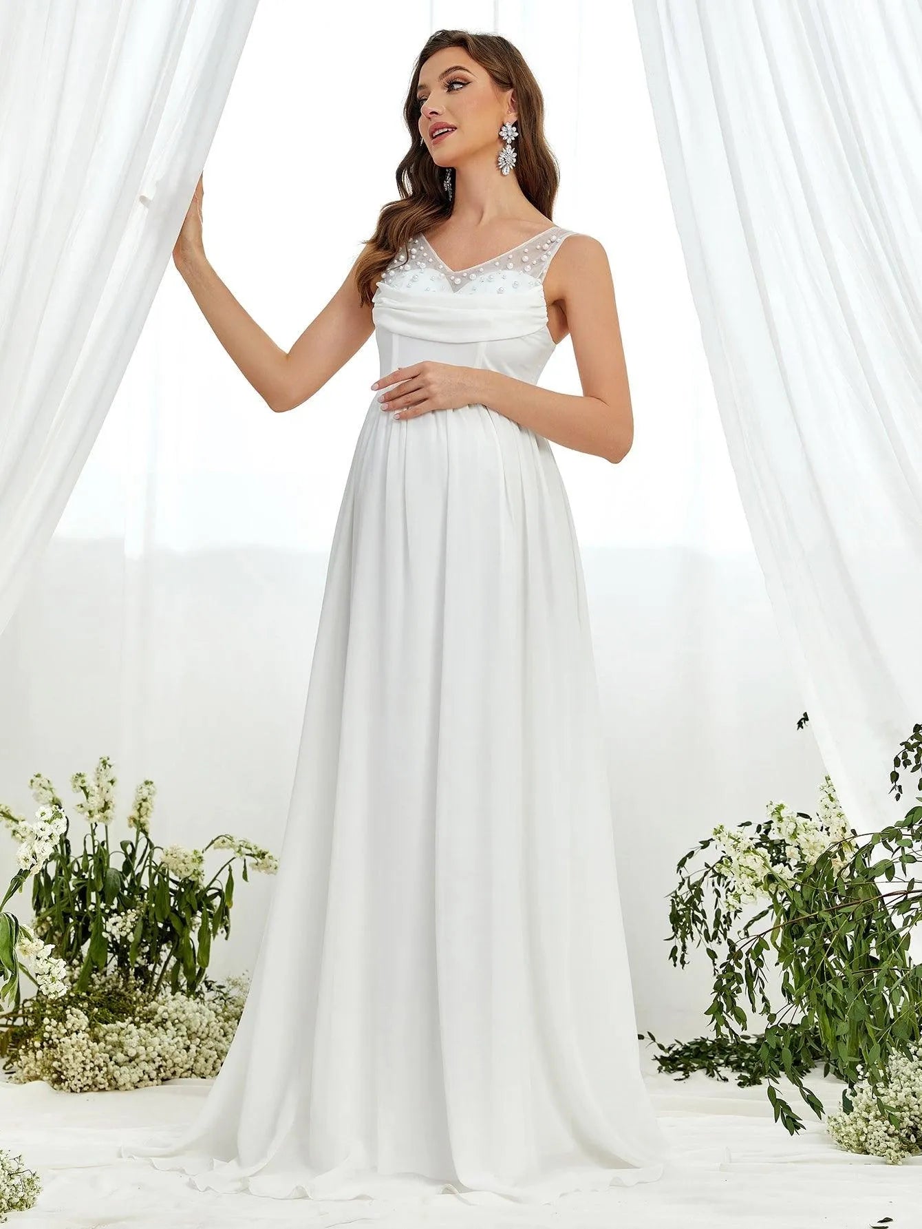 Maternity Pearl Details Sleeveless Chiffon Wedding Dress - Elonnashop