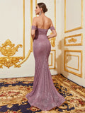 Elegant Off Shoulder Ruched Front Mermaid Hem Sequin Evening Dress