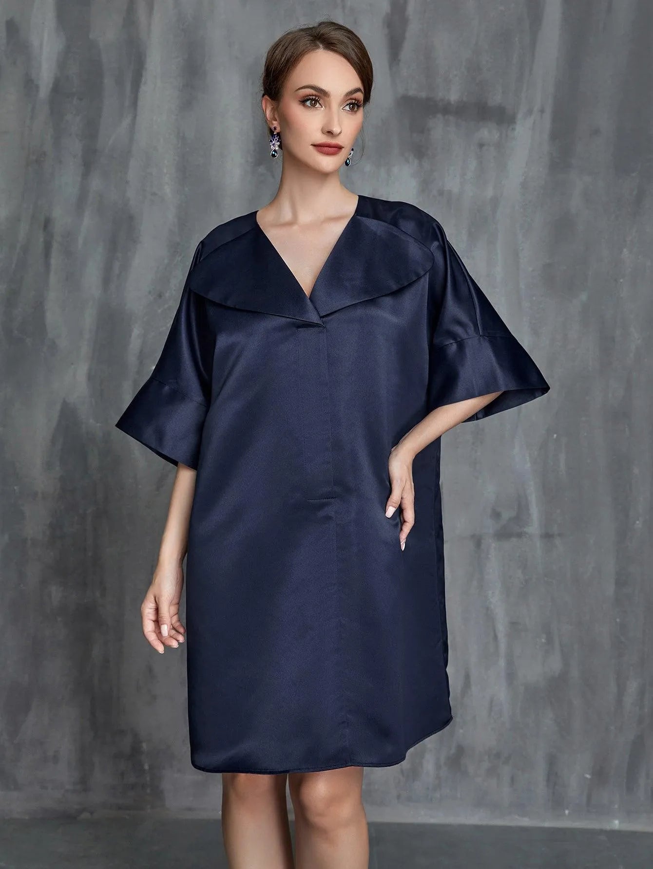 Womens' Solid Half Sleeves Satin Midi Dress - Elonnashop