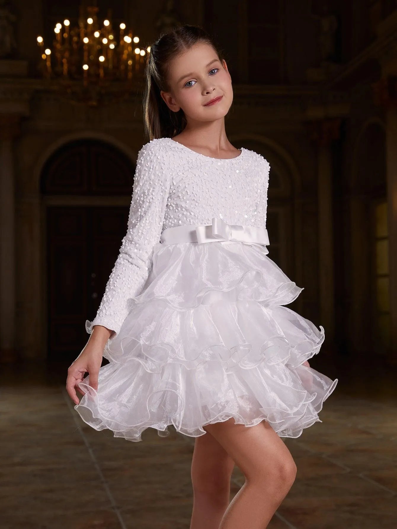 Tween Girls' Sequin Contrast Layered Organza Hem Dress - Elonnashop