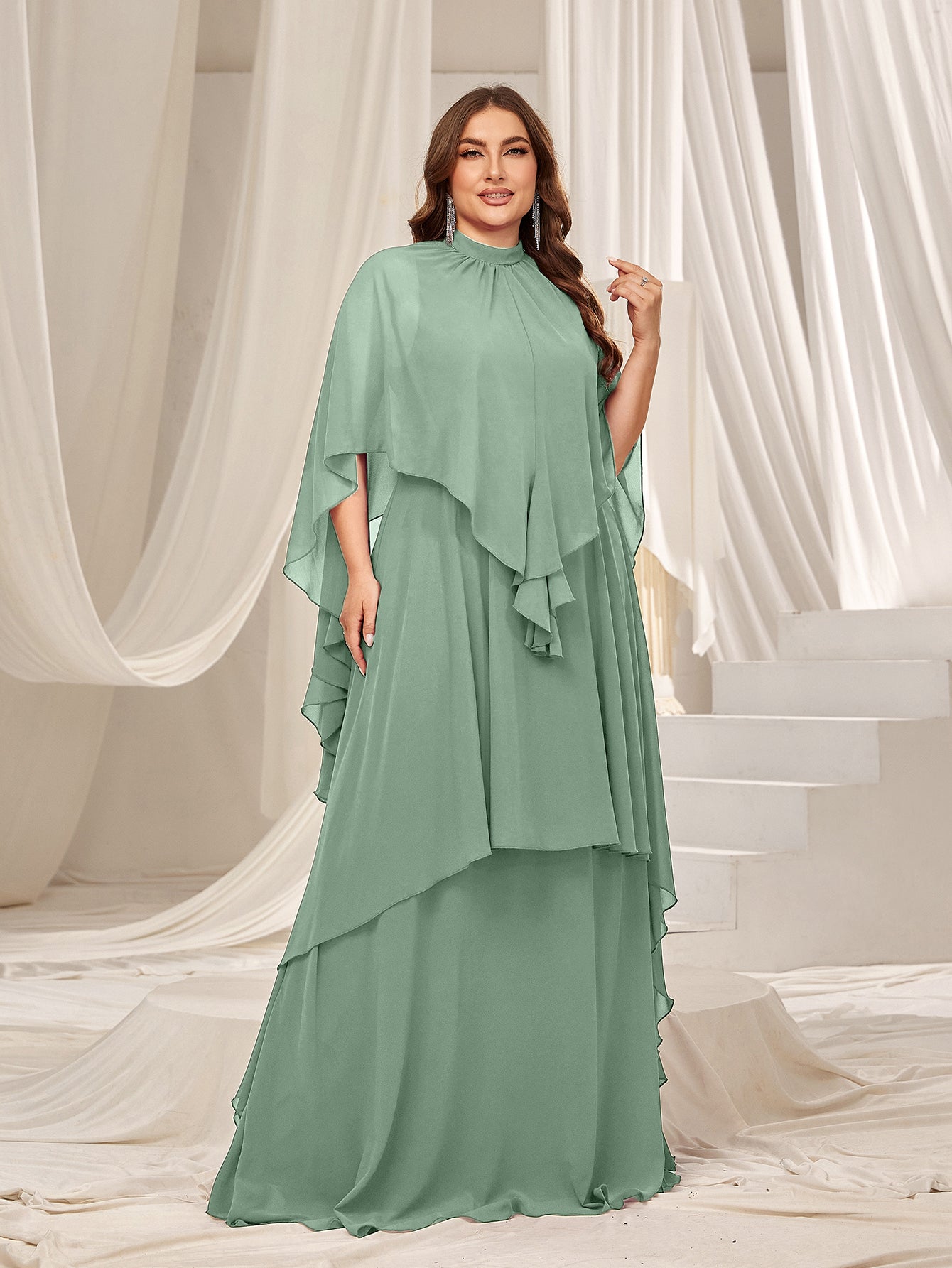 Plus Mock Neck Layered Hem Chiffon Evening Dress