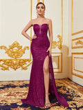 Elegant Strapless Draped Side Split Mermaid Hem Sequin Evening Dress