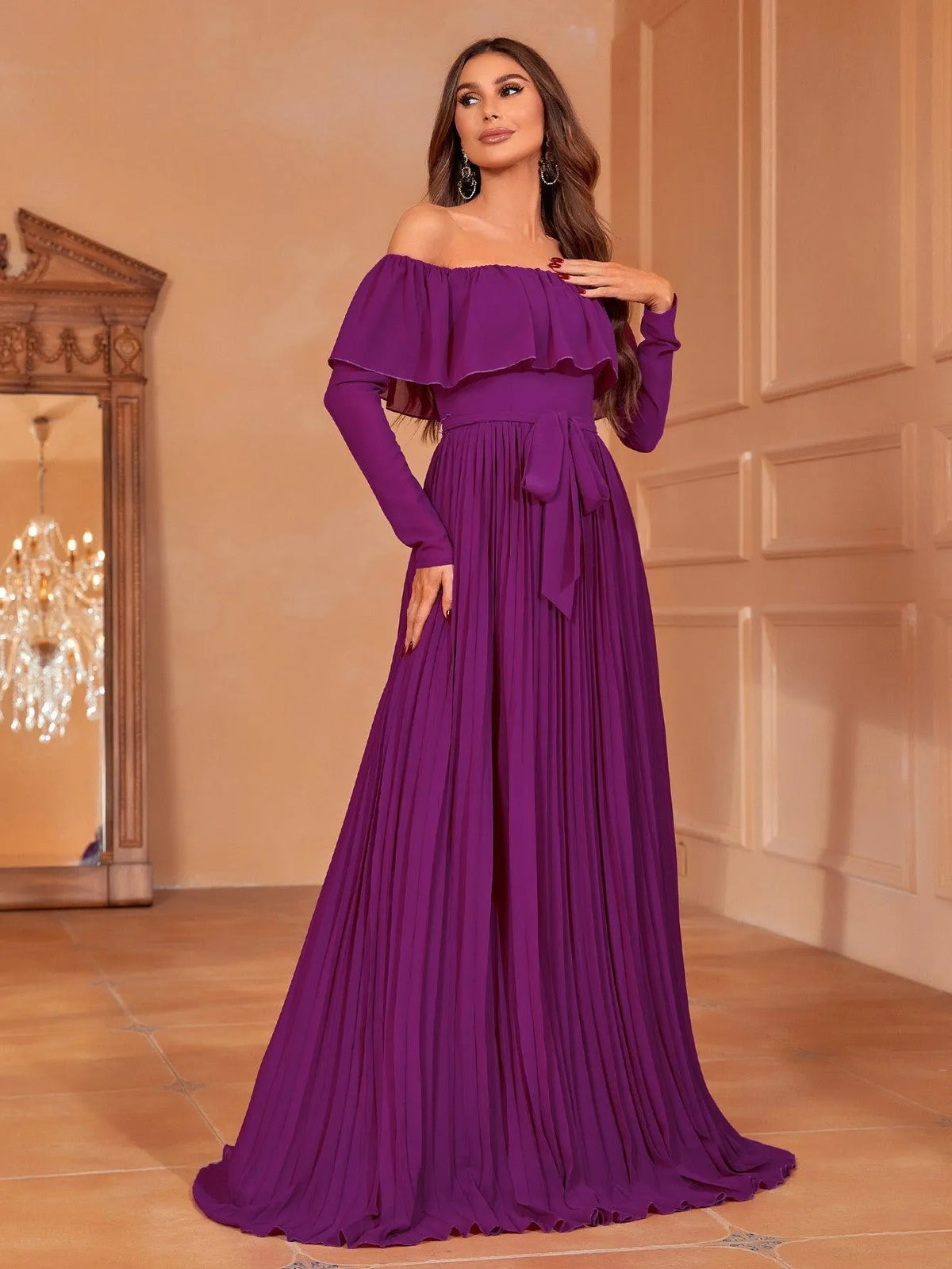 Off Shoulder Pleated Chiffon Belted Dress - Elonnashop