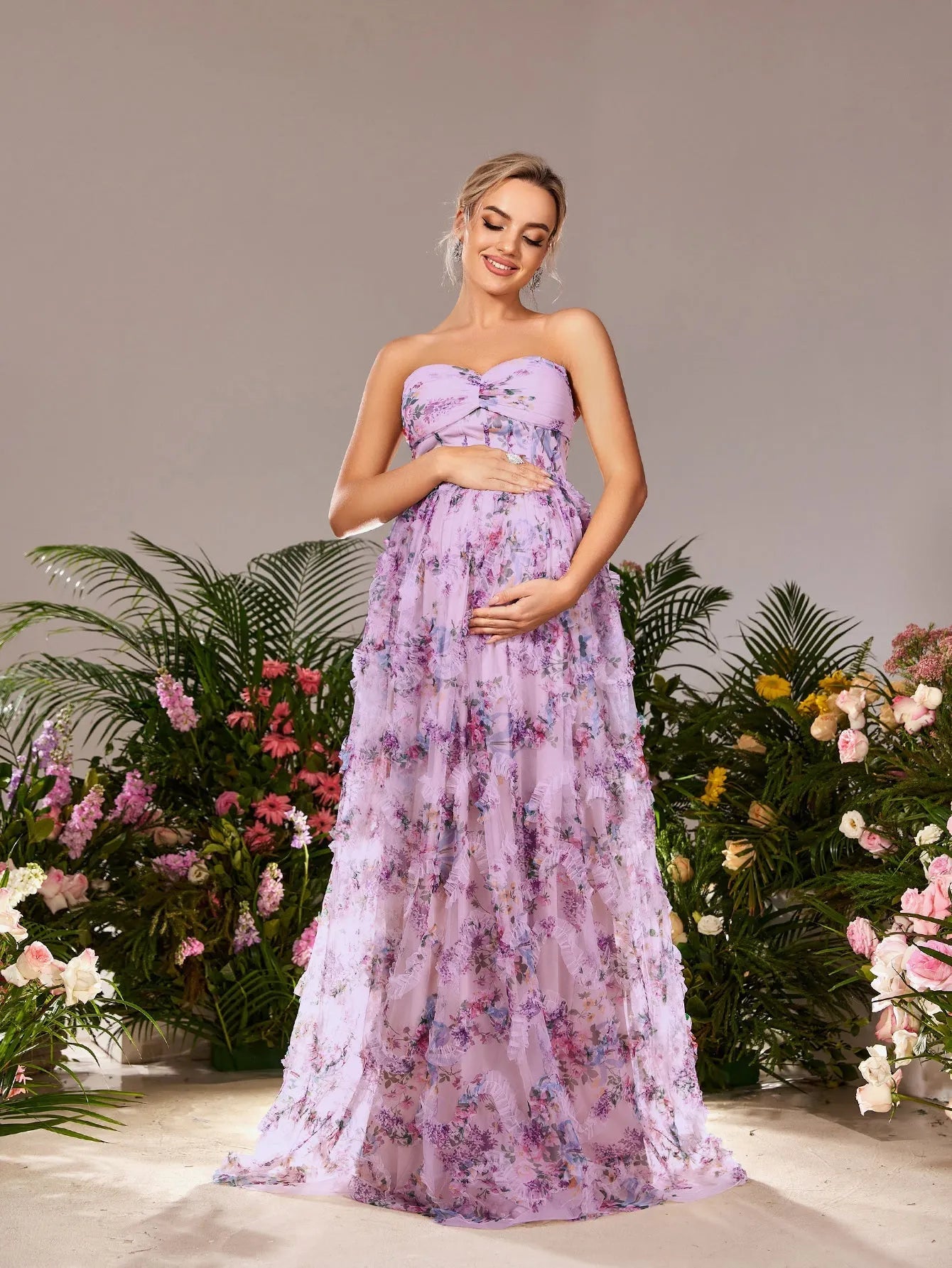 Maternity Strapless Ruffle Trim Floral Mesh Party Dress