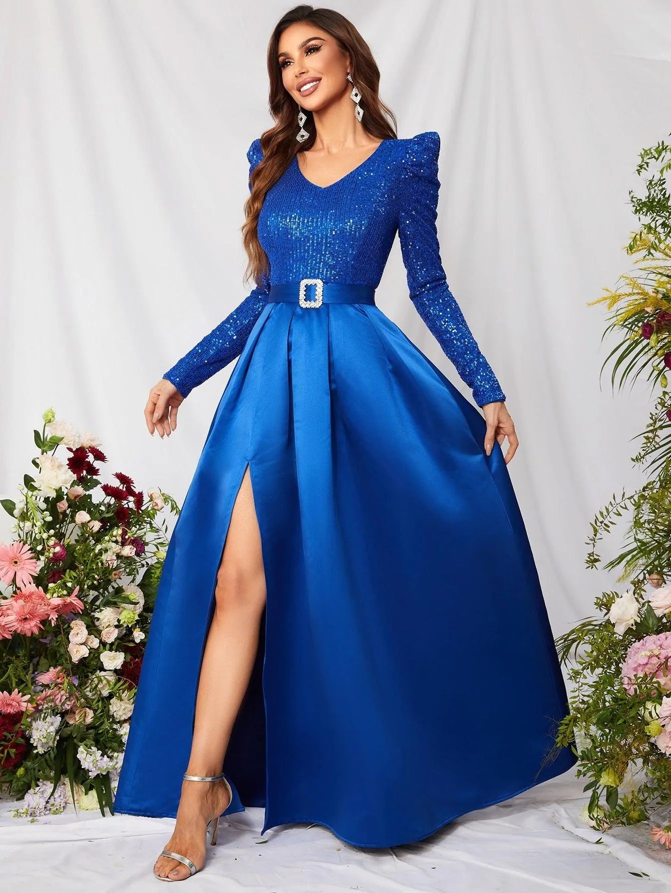 Elegant V Neck Gigot Sleeve Slit A Line Prom Dress - Elonnashop