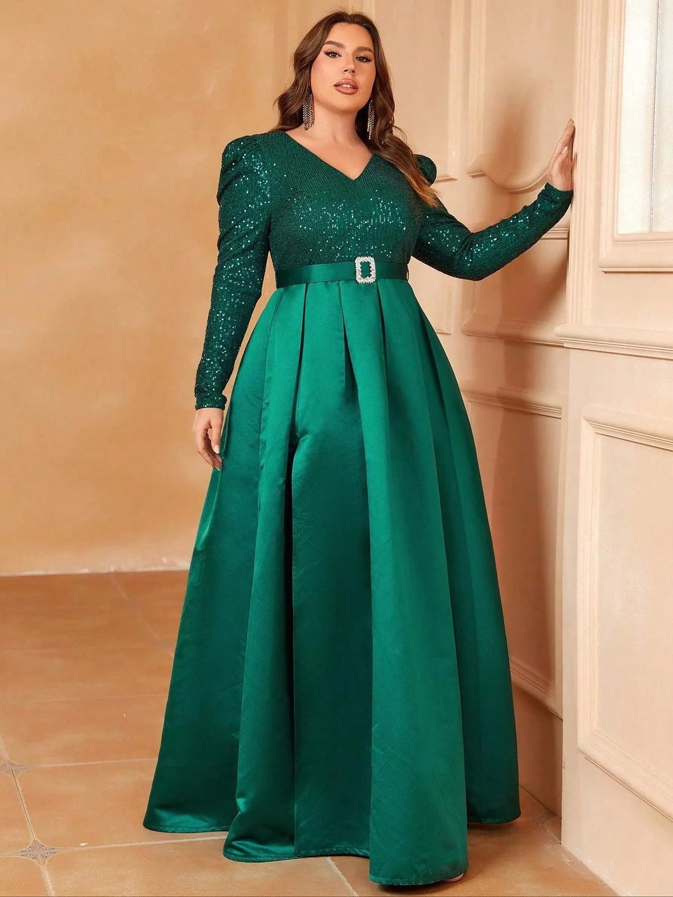 Plus V Neck Gigot Sleeve Slit A Line Prom Dress - Elonnashop