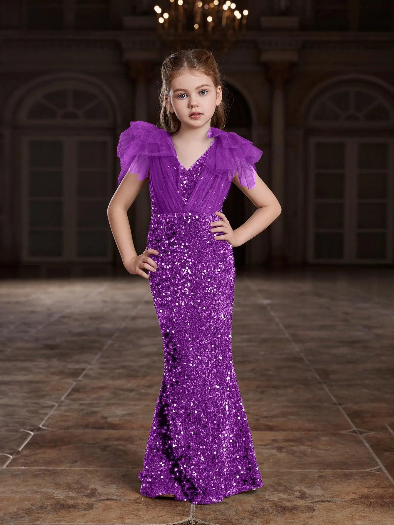 Tween Girls' Cloak Sleeves Sequin Mermaid Hem Dress - Elonnashop