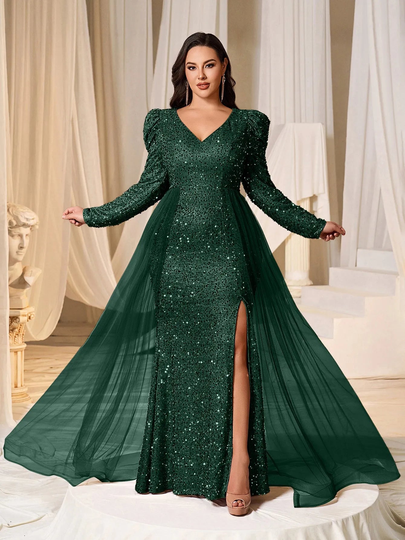 Plus Gigot Sleeves Split Mermaid Hem Sequin Formal Dress