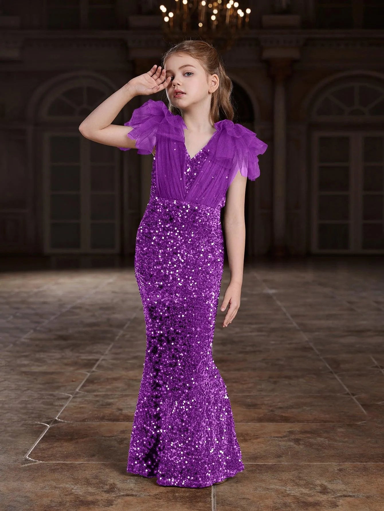 Tween Girls' Cloak Sleeves Sequin Mermaid Hem Dress - Elonnashop