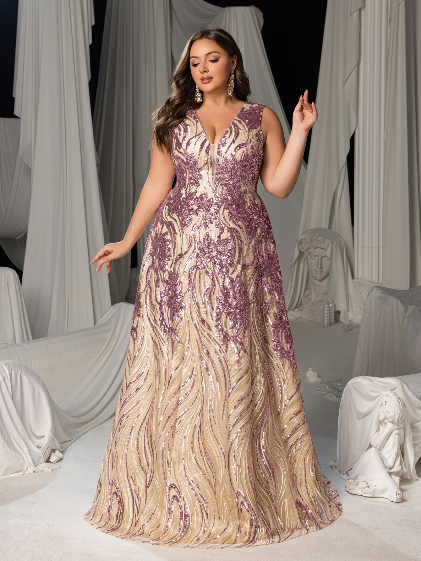 Plus Floral Sequin V Neck Sleeveless A-Line Formal Dress