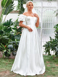 Off Shoulder Puff Sleeve Satin Wedding Dress - Elonnashop