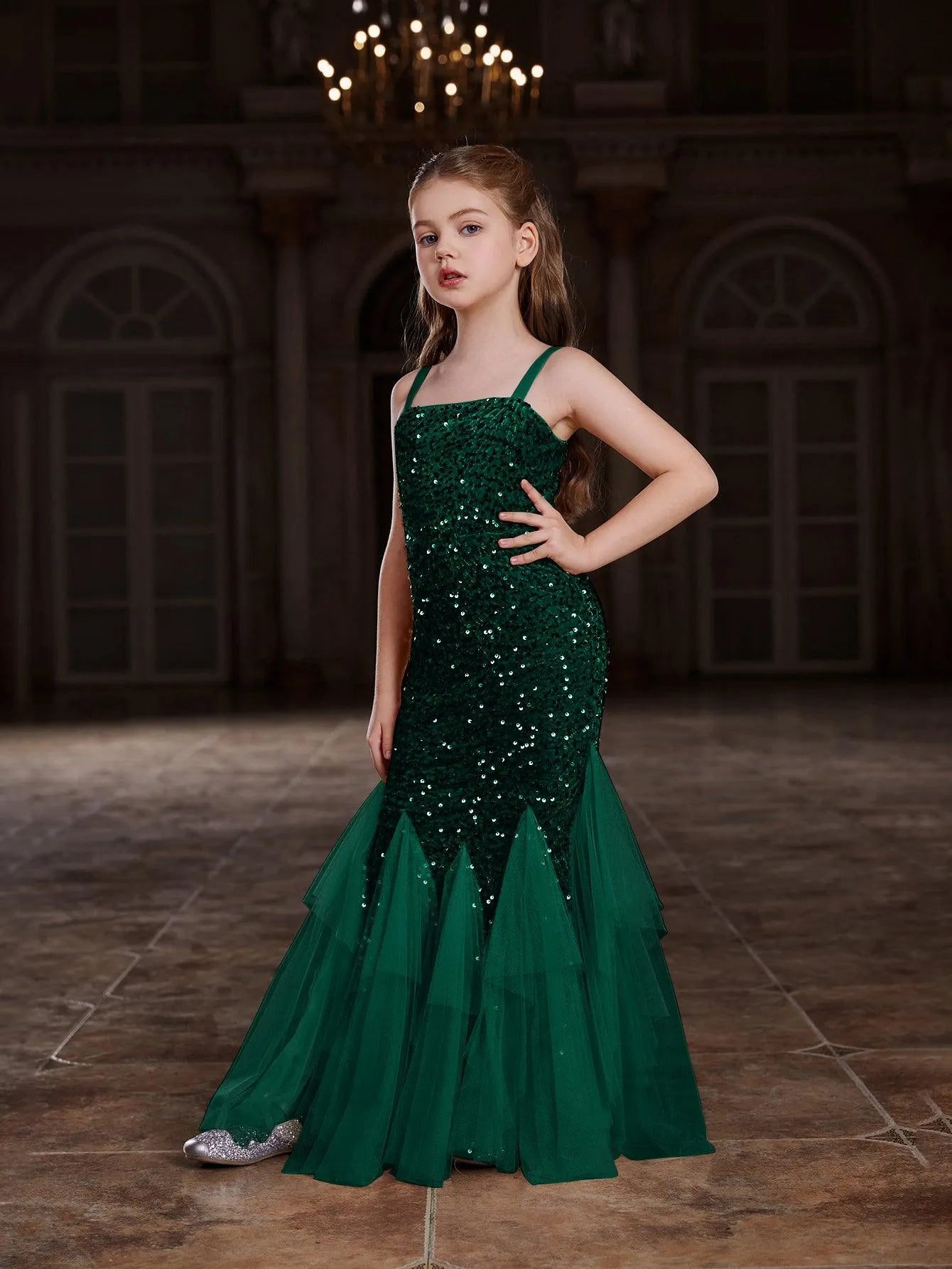 Tween Girls' Sleeveless Mesh Overlay Sequin Mermaid Dress - Elonnashop