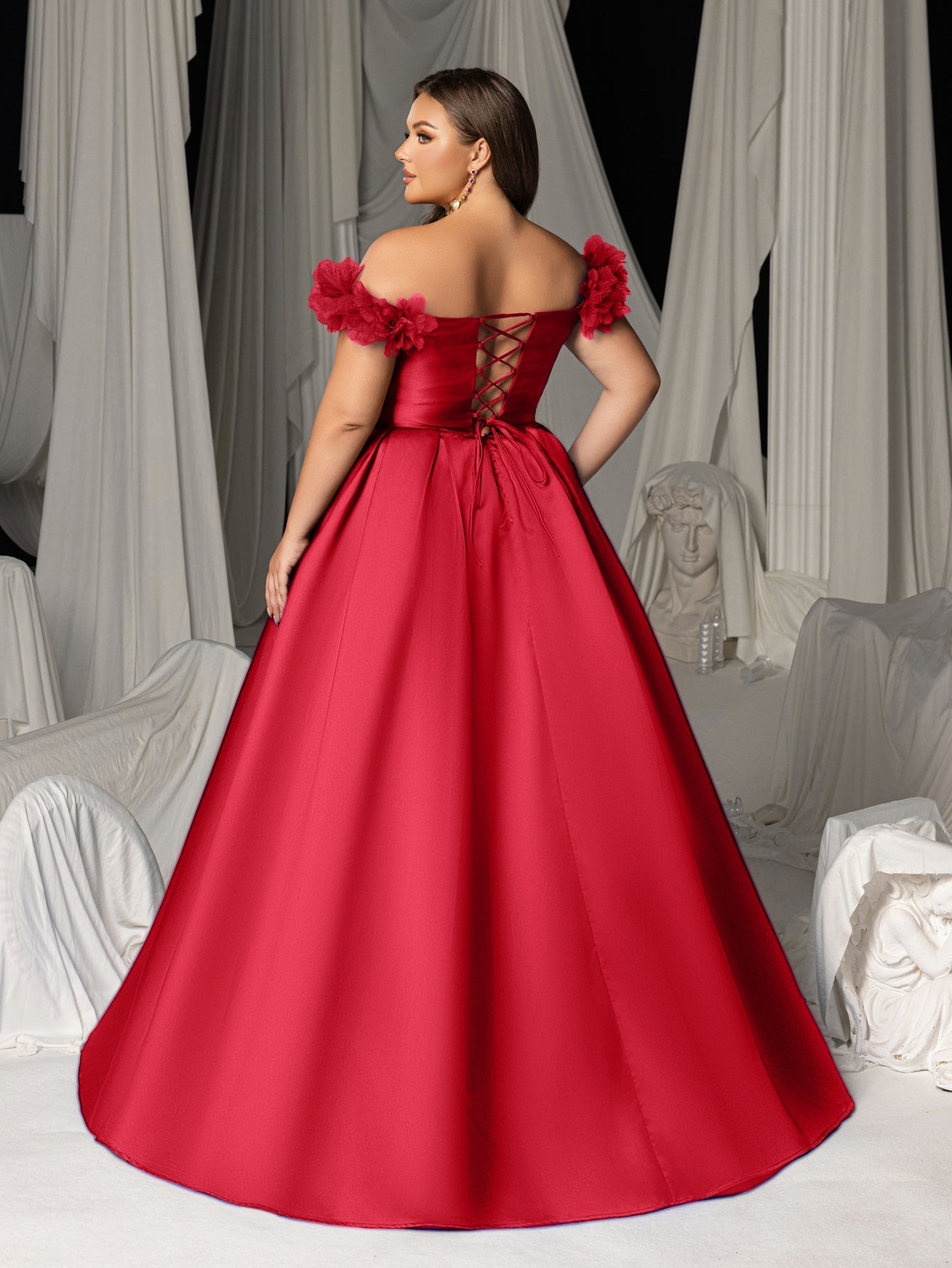 Plus Off-Shoulder Evening Gown with 3D Floral Appliqué | High Thigh Slit & Laced Back