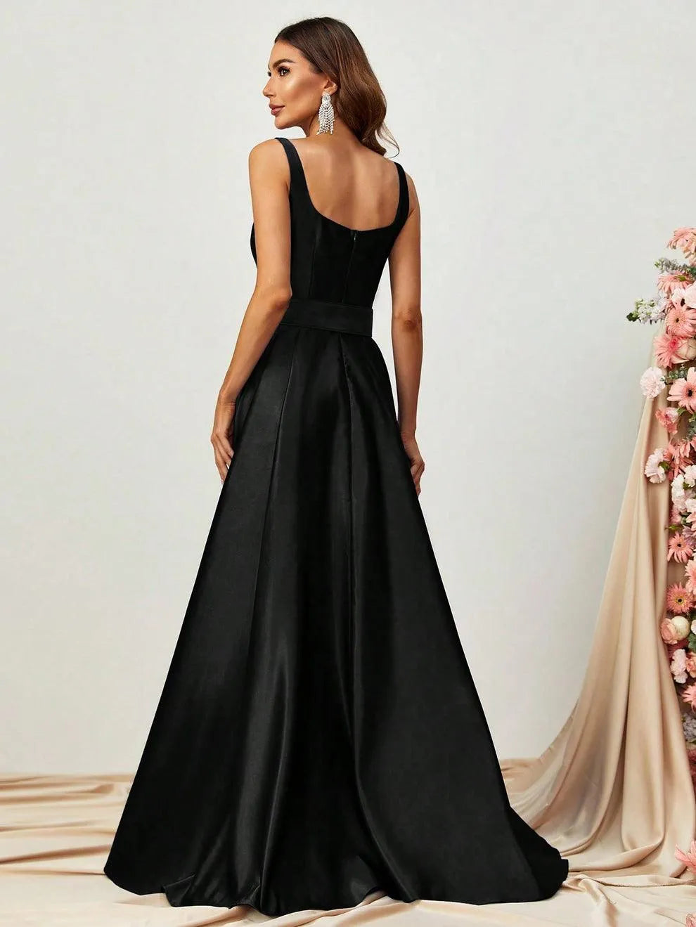 Square Collar Sleeveless Belt Satin Prom Dress - Elonnashop