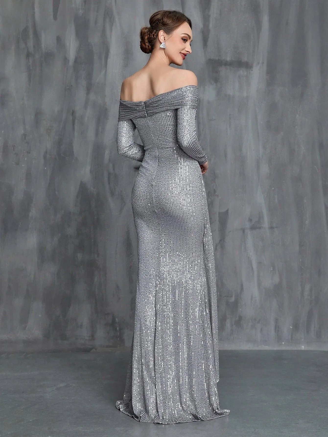 Womens' Off Shoulder Long Sleeves Sequin Formal Dress - Elonnashop