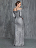 Womens' Off Shoulder Long Sleeves Sequin Formal Dress - Elonnashop