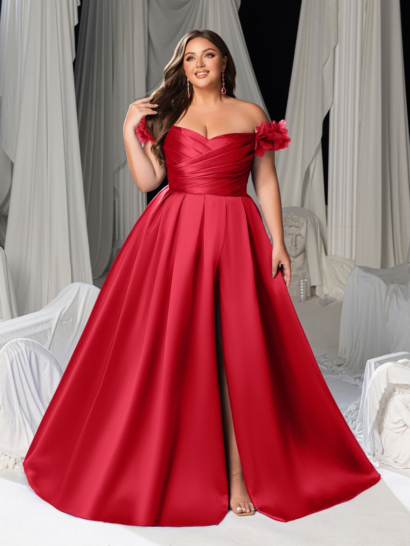 Plus Off-Shoulder Evening Gown with 3D Floral Appliqué | High Thigh Slit & Laced Back