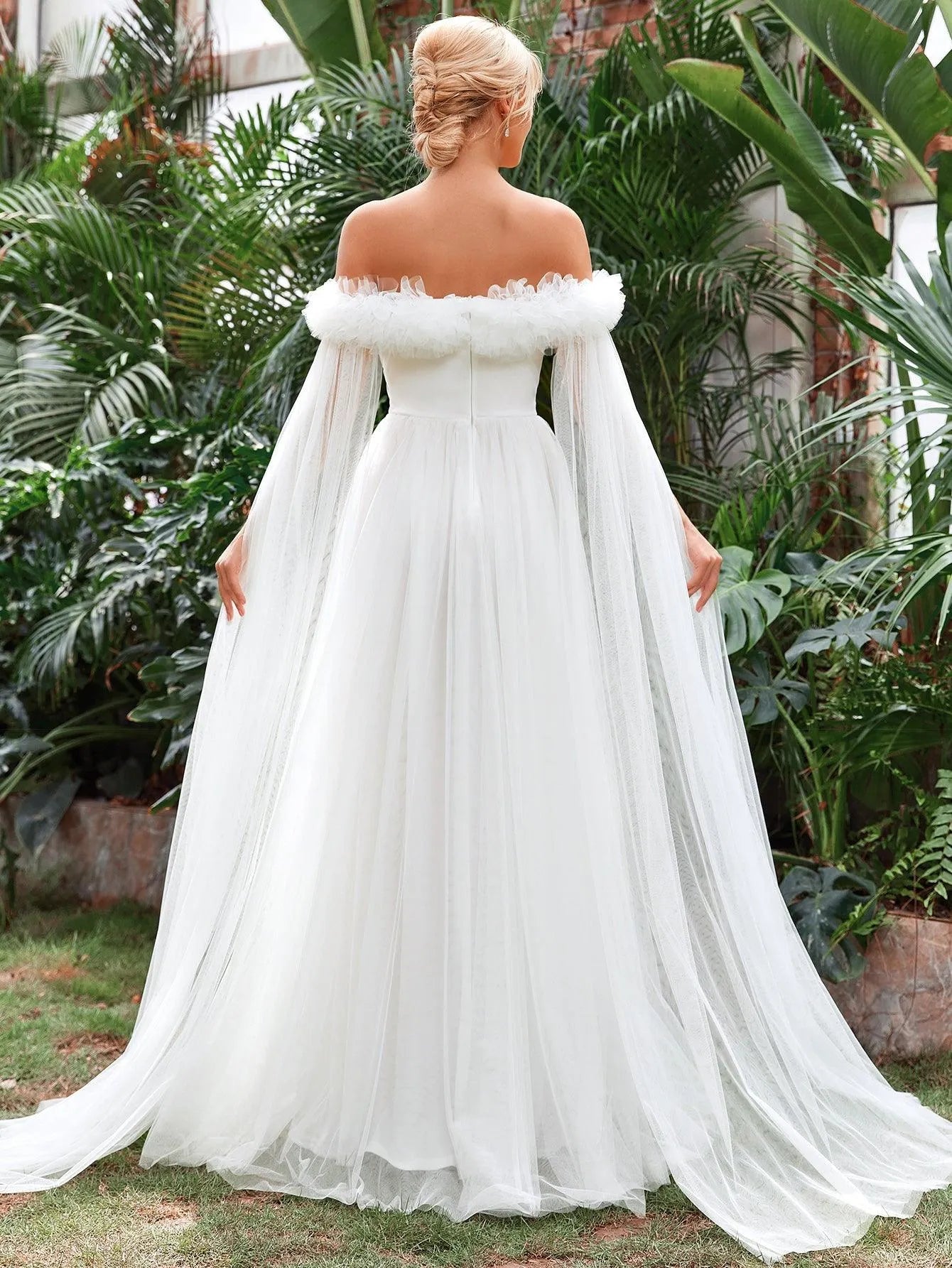 Off Shoulder Ruched Front Cloak Sleeve Mesh Wedding Dress - Elonnashop