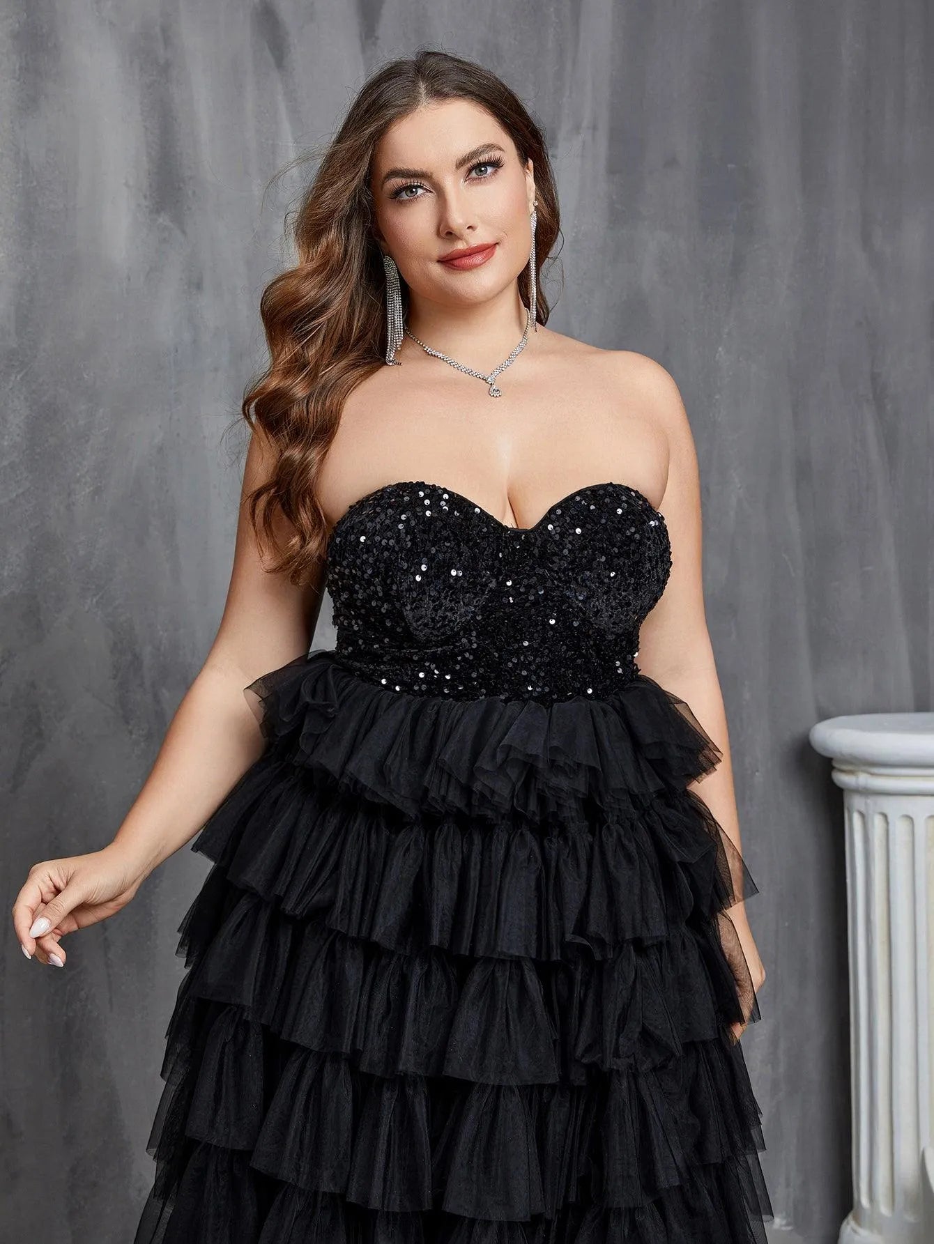 Plus Sequin Bodice Contrast Cascading Ruffle Wedding Dresses - Elonnashop