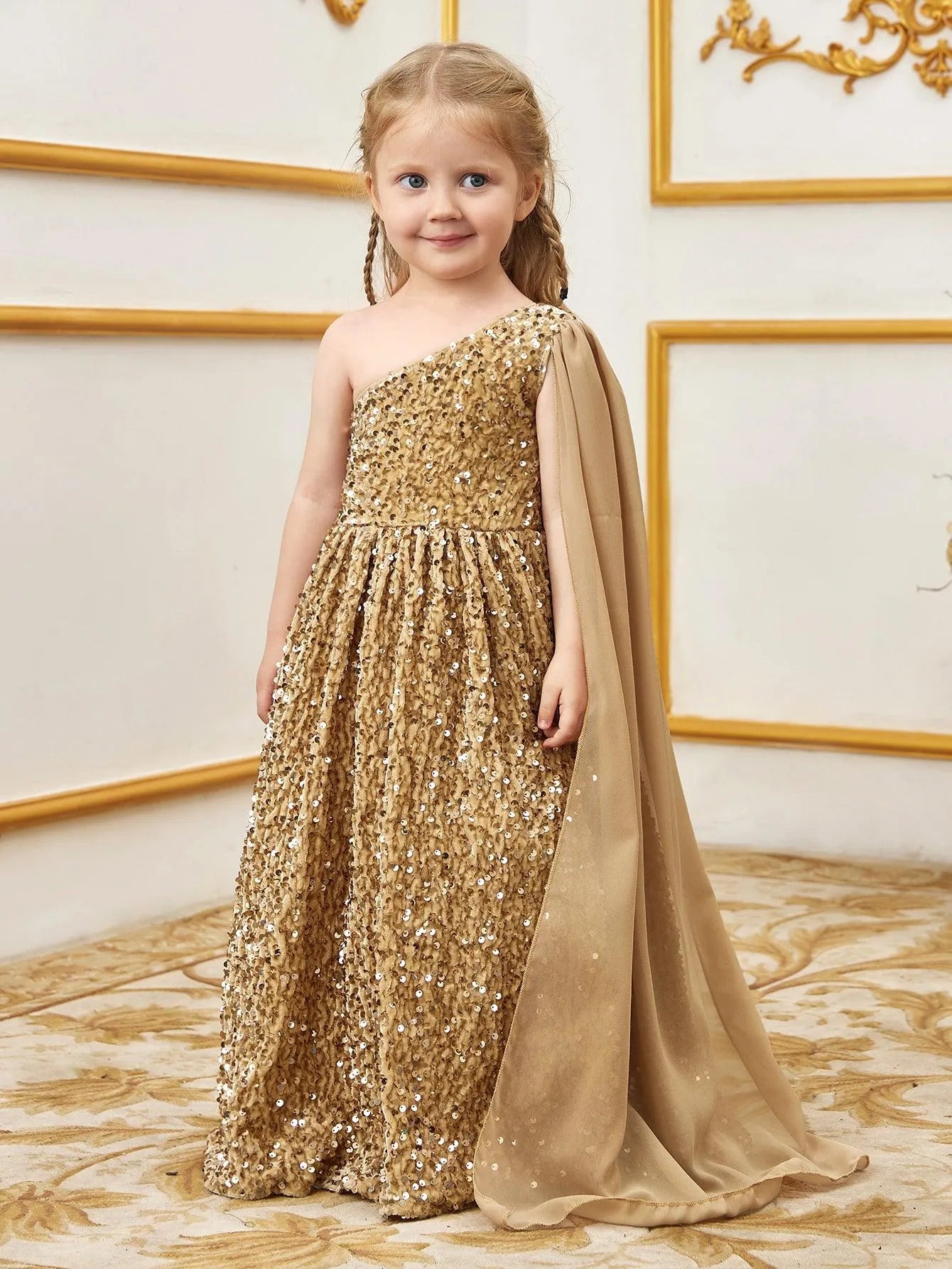 Young Girls' One Shoulder Draped Side Sequin A Line Dress - Elonnashop