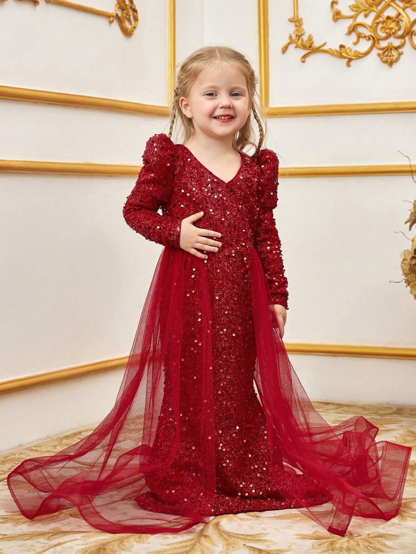 Young Girls' Long Sleeves Mesh Overlay Sequin Mermaid Dress