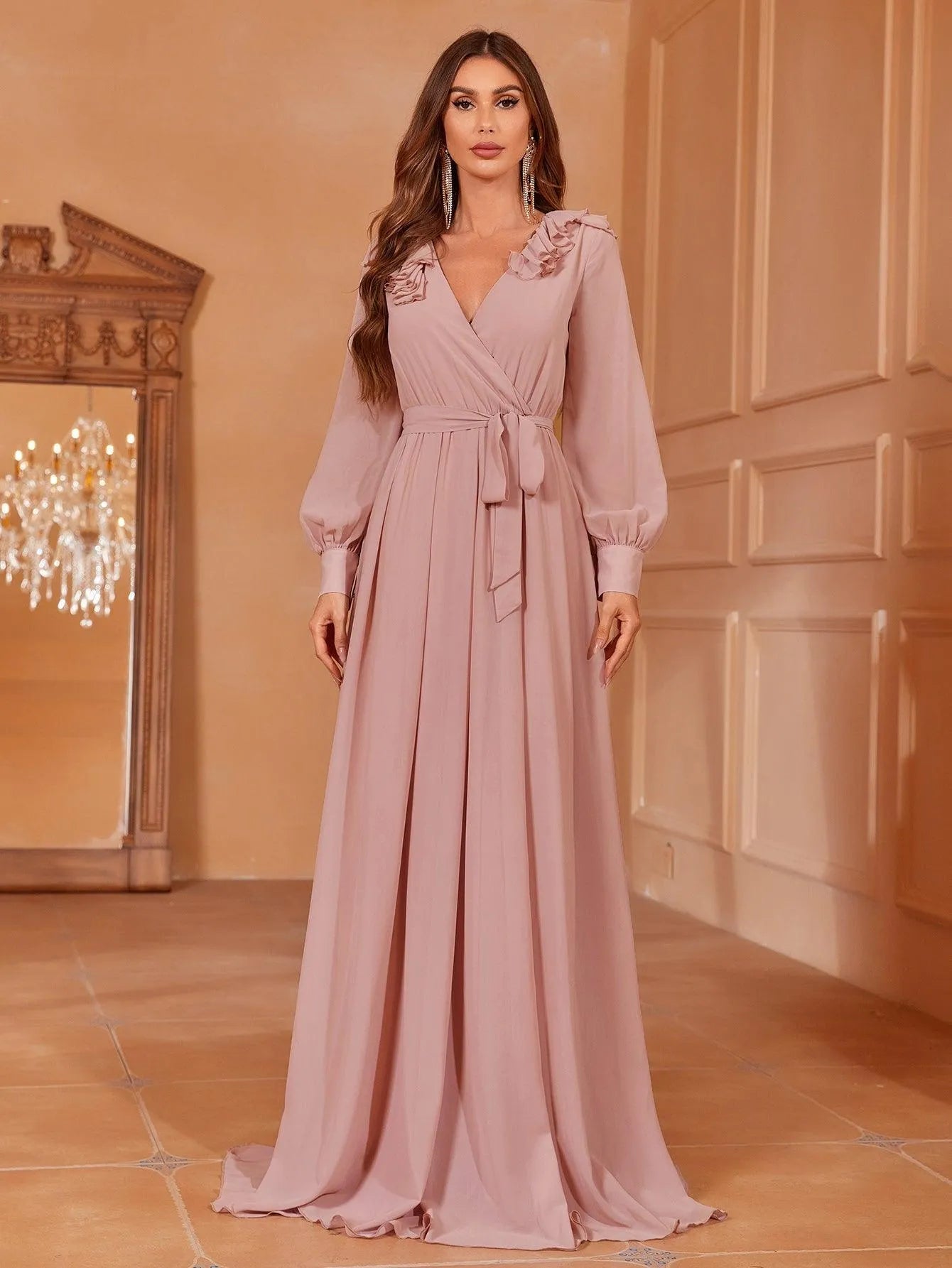 Solid Bishop Sleeves Chiffon Belted Dress - Elonnashop