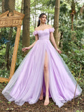 Elegant Off Shoulder Ruched Bust Split Thigh Tulle Prom Dress - Elonnashop