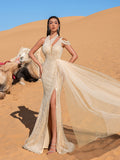 Gorgeous Asymmetrical Neck Draped Side Split Mermaid Hem Beaded Formal Dress Evening Gown