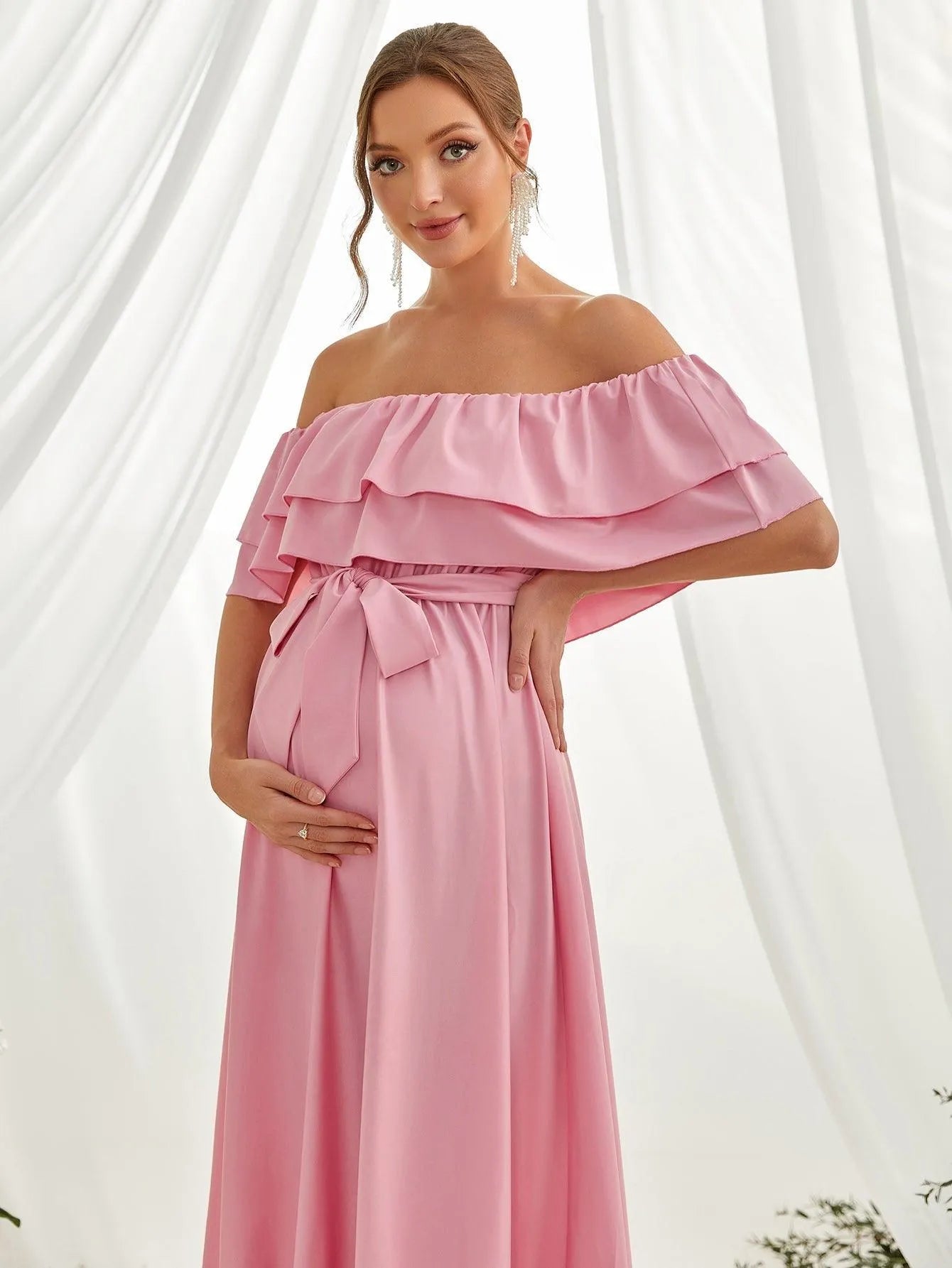 Maternity Off Shoulder Ruffle Trim Layered Hem Belted Dress - Elonnashop