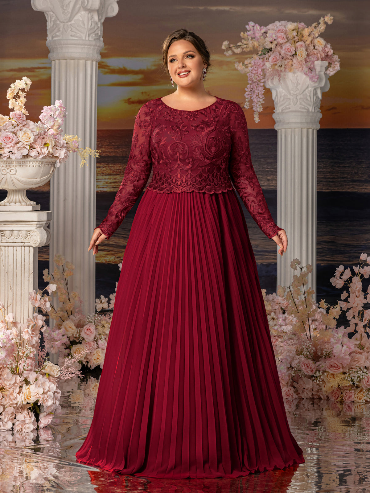 Plus Womens' Elegant A-Line Formal Dress with Long-Sleeve Lace Bodice & Chiffon Pleated Skirt