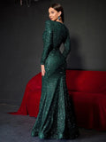 Plunging Neck Long Sleeve Sequin Mermaid Dresses - Elonnashop