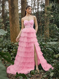 Gorgeous Floral Sequin Bustier Split Ruffle Layered Hem Prom Tube Dress - Elonnashop