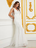 V-Neck Gown with Floral Appliqué Overlay - Elonnashop