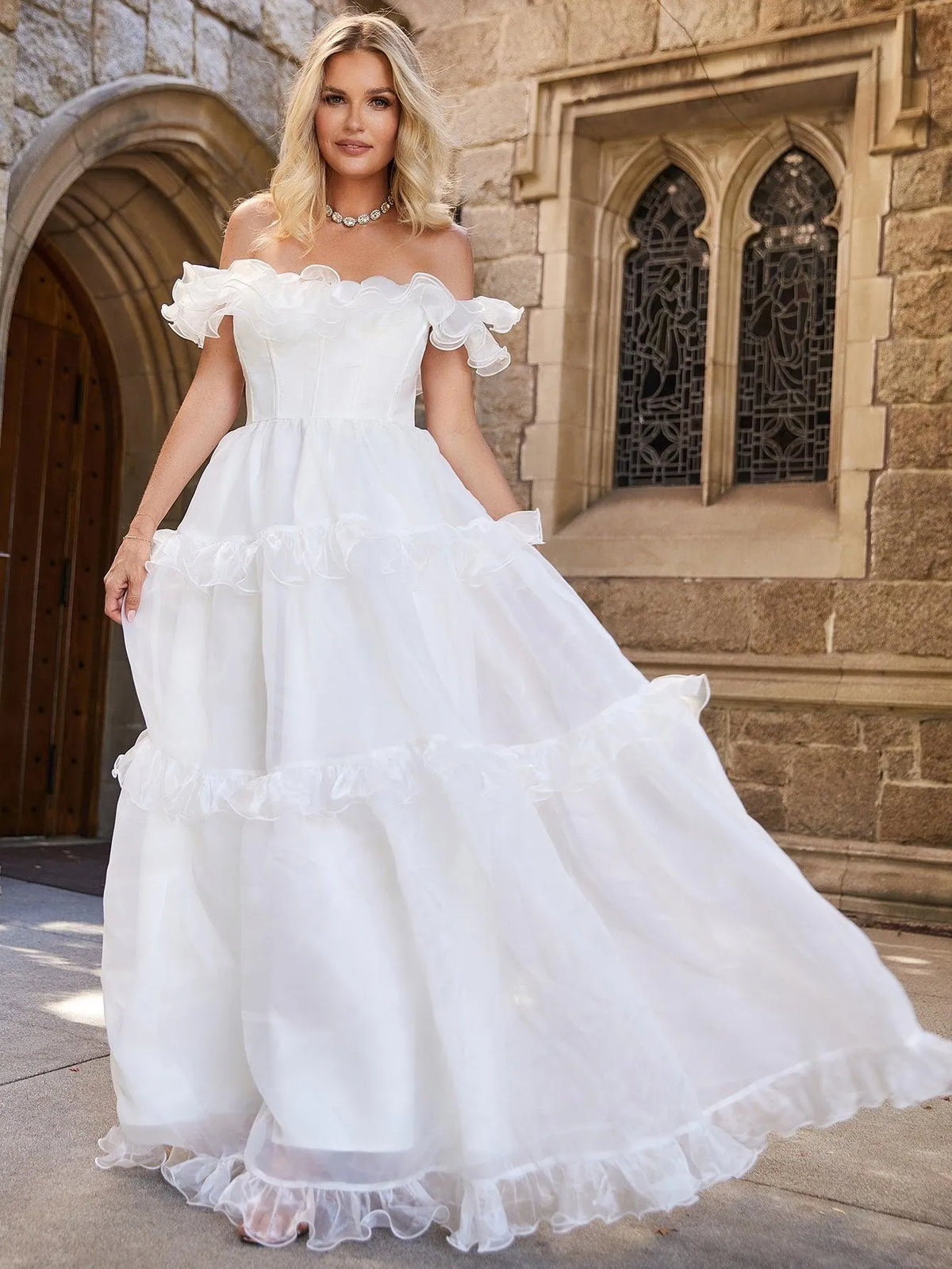 Off Shoulder Ruffle Trim Layered Hem Wedding Dress - Elonnashop