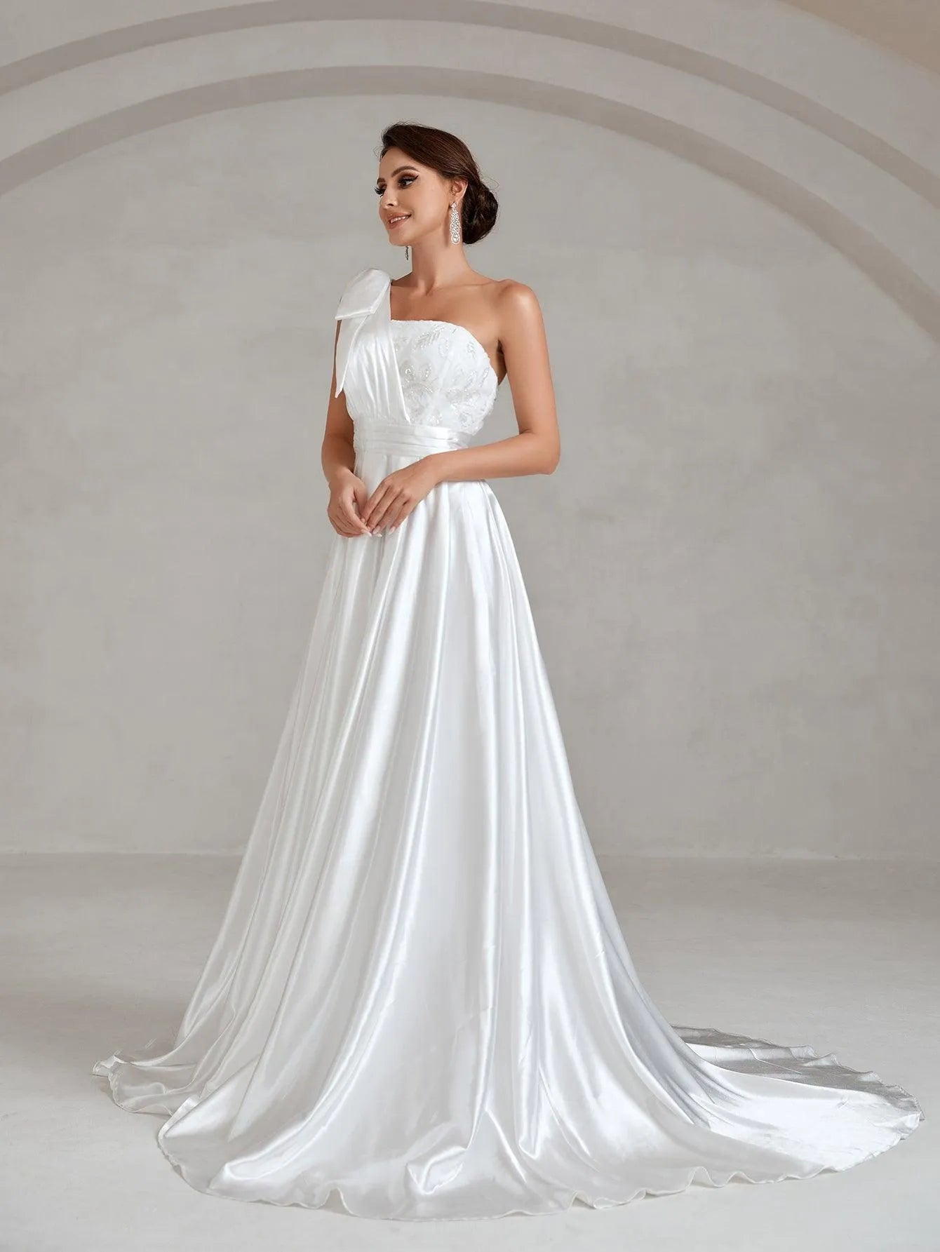 One Shoulde Floor Length Satin Wedding Dress - Elonnashop