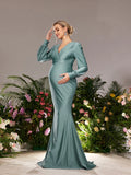 Maternity V Neck Bishop Sleeves Mermaid Hem Evening Dress