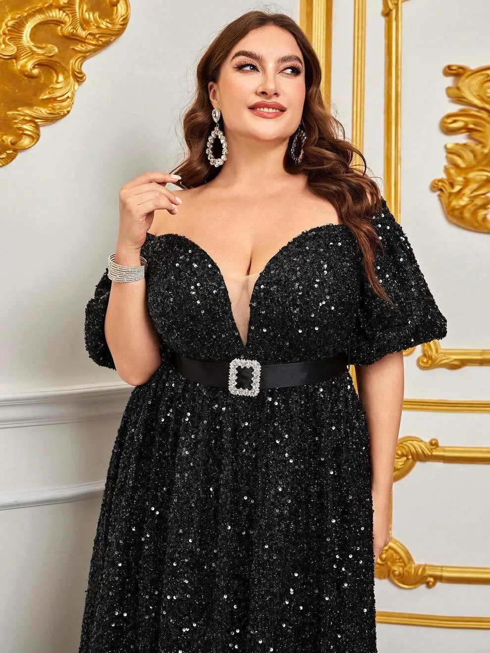 Plus Off Shoulder Puff Sleeves Sequin Formal Dress - Elonnashop