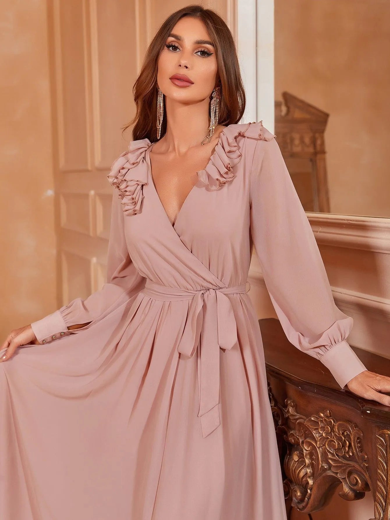 Solid Bishop Sleeves Chiffon Belted Dress - Elonnashop