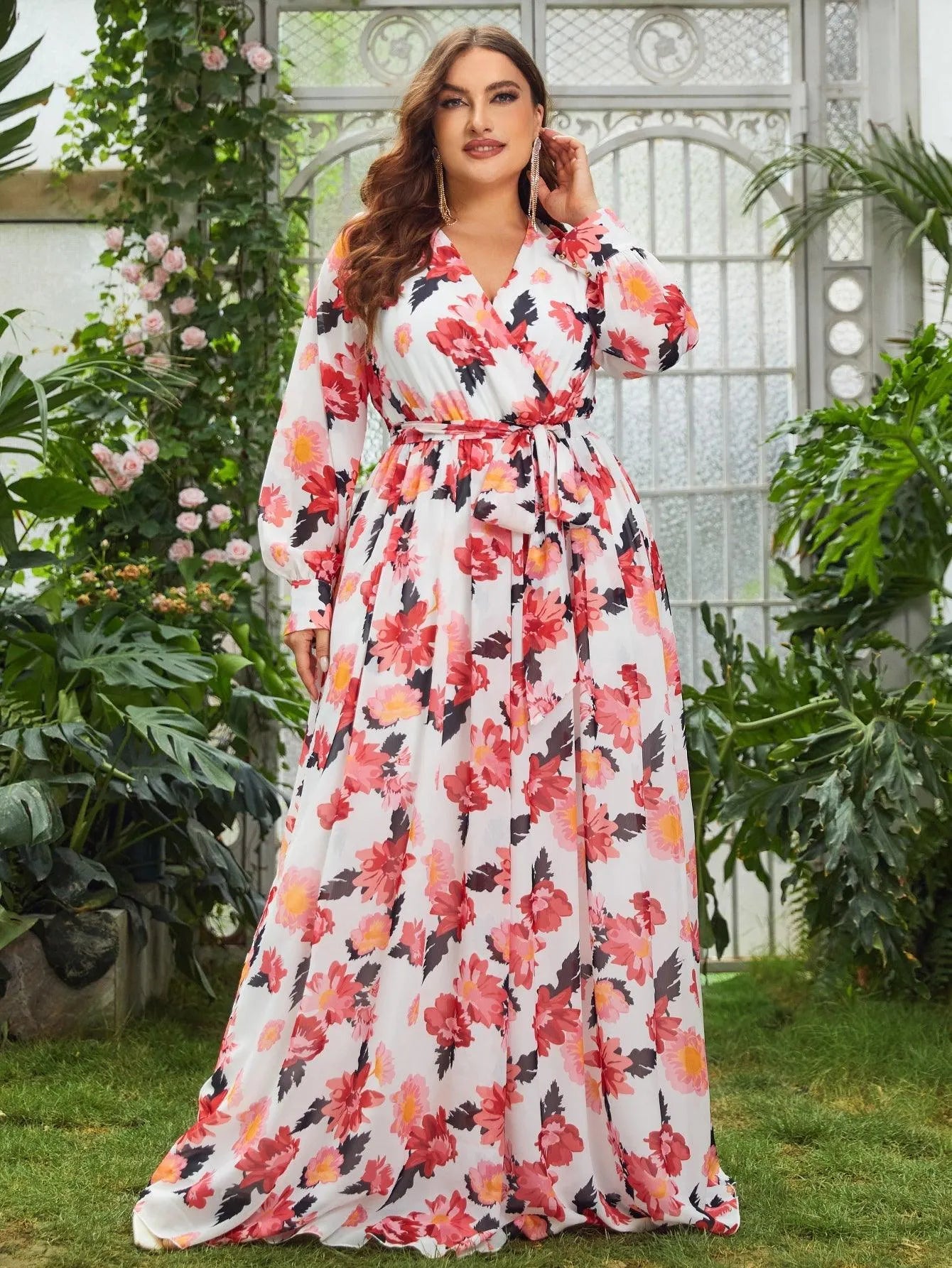 Plus Floral Elegance Long-Sleeve Maxi Dress - Elonnashop