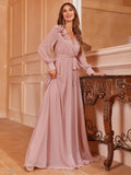 Solid Bishop Sleeves Chiffon Belted Dress - Elonnashop