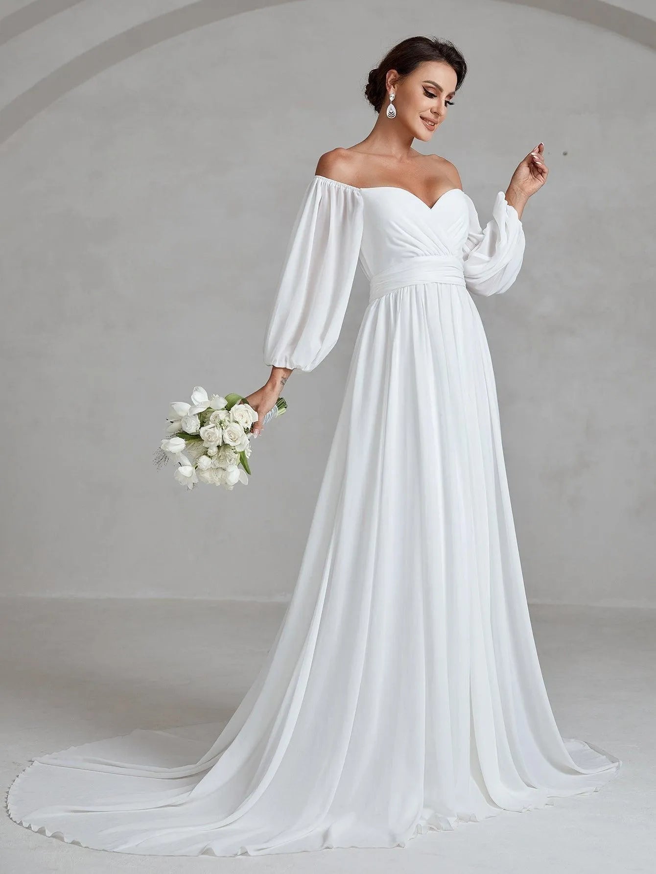 Off Shoulder Lantern Sleeves Chiffon Wedding Dress - Elonnashop