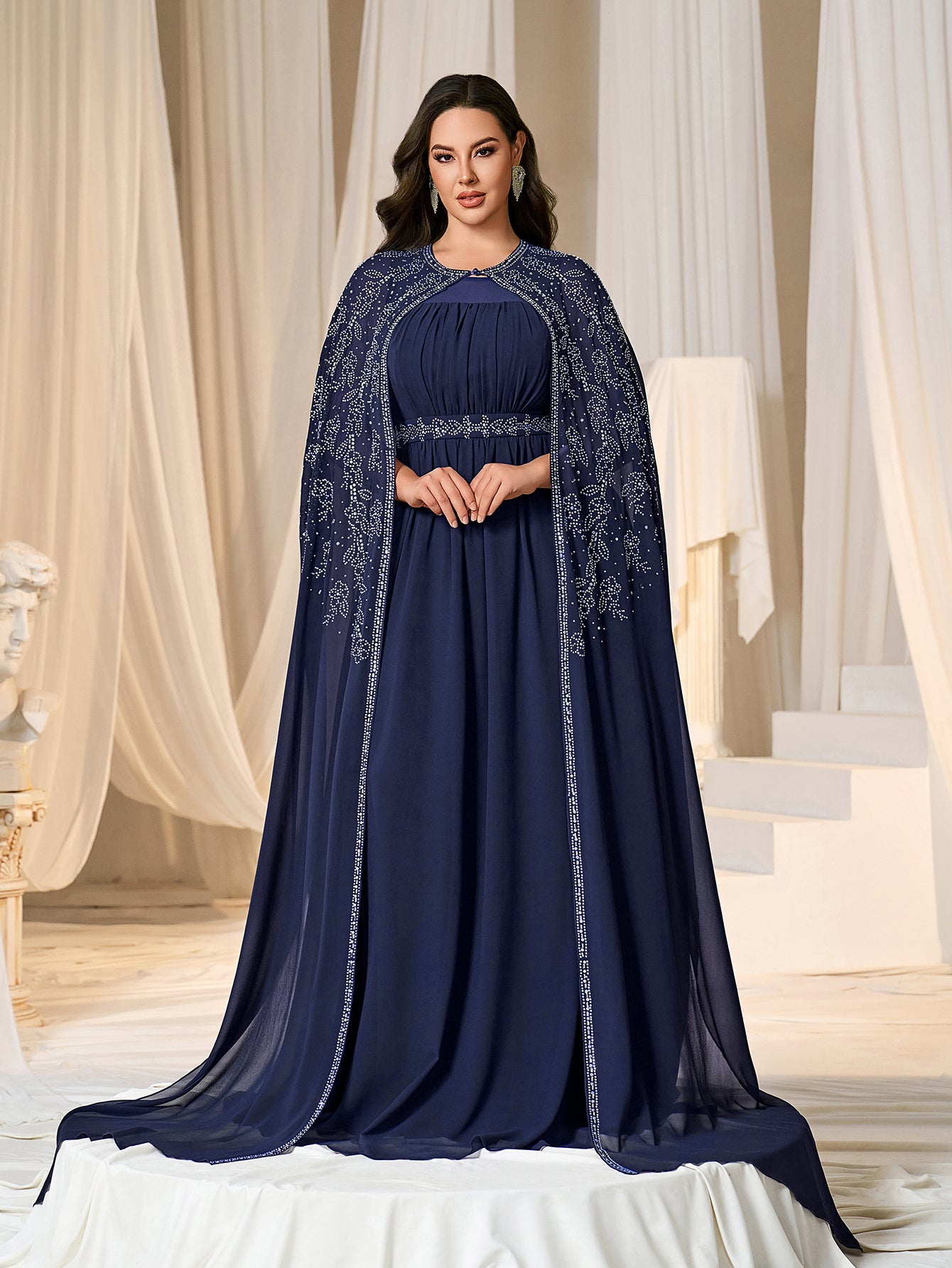 Plus Gorgeous Two-Piece Chiffon Evening Dress | Rhinestone Cape Sleeves & A-Line Skirt with Cathedral Train